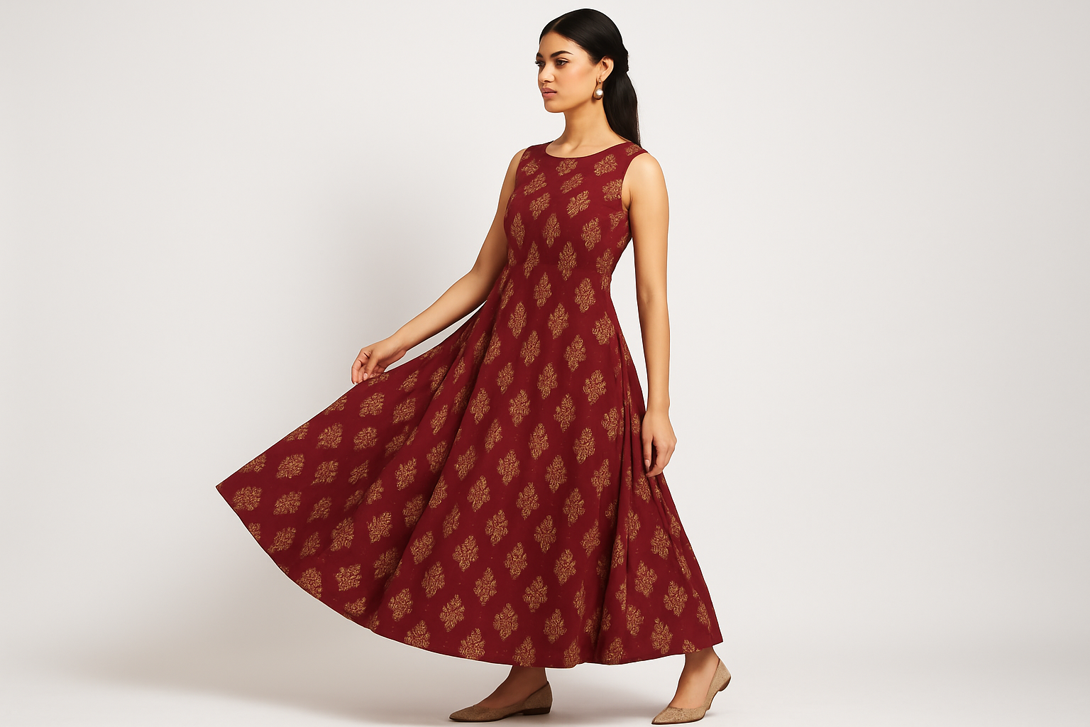 Maroon Floral Print Anarkali Kurti