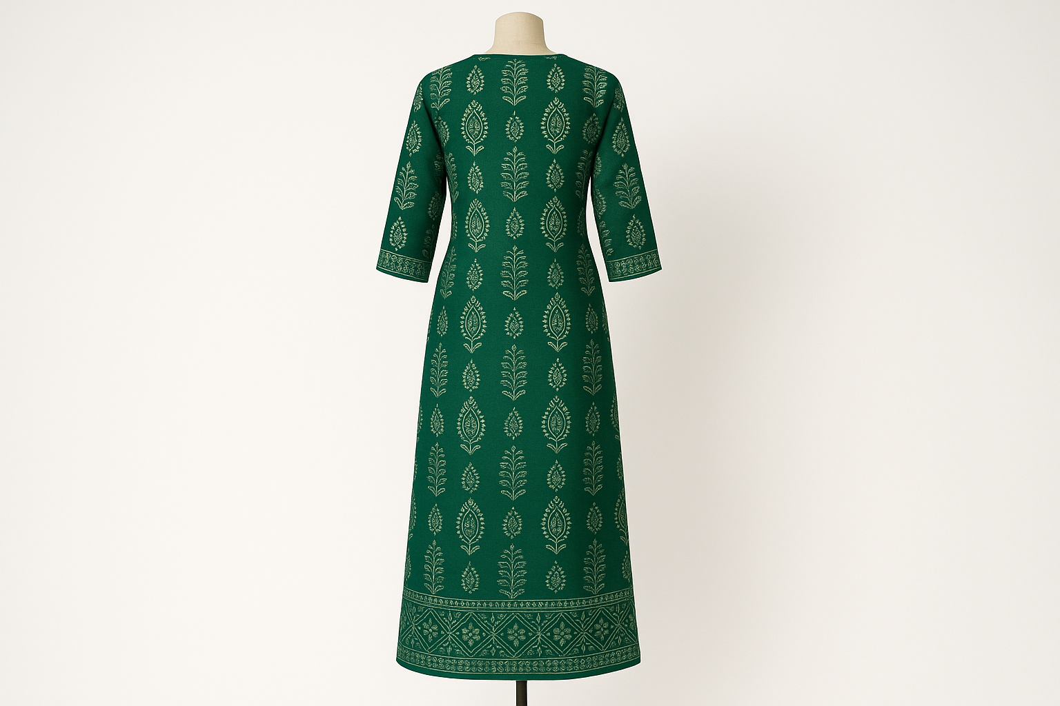 Emerald Green Block Print Floor-Length Kurti with Mirror Work
