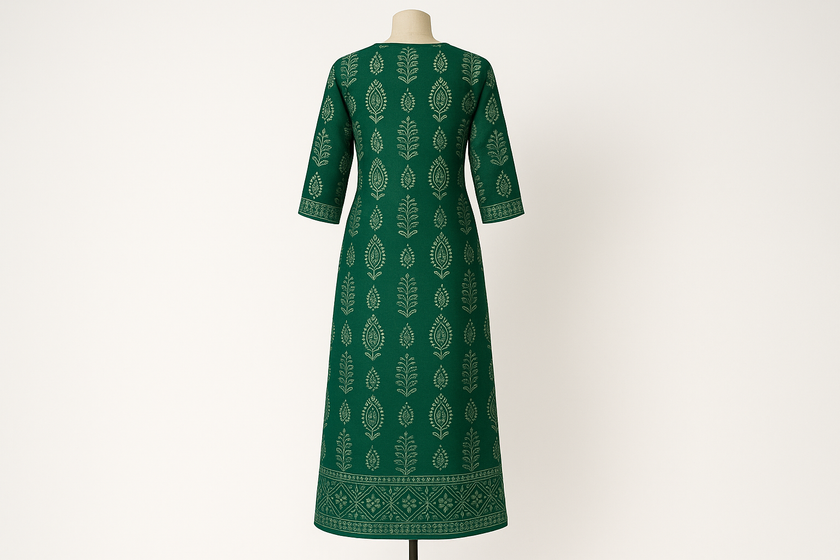 Emerald Green Block Print Floor-Length Kurti with Mirror Work