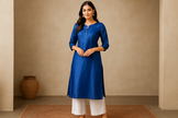 Royal Blue Silk Blend Kurti with Golden Embroidery