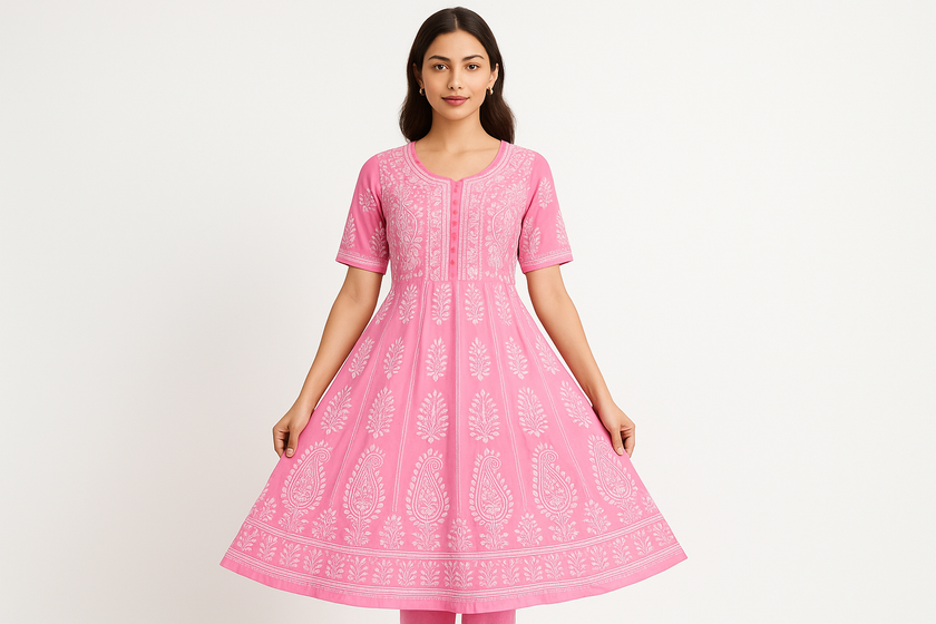 Pink Chikankari Anarkali Kurti