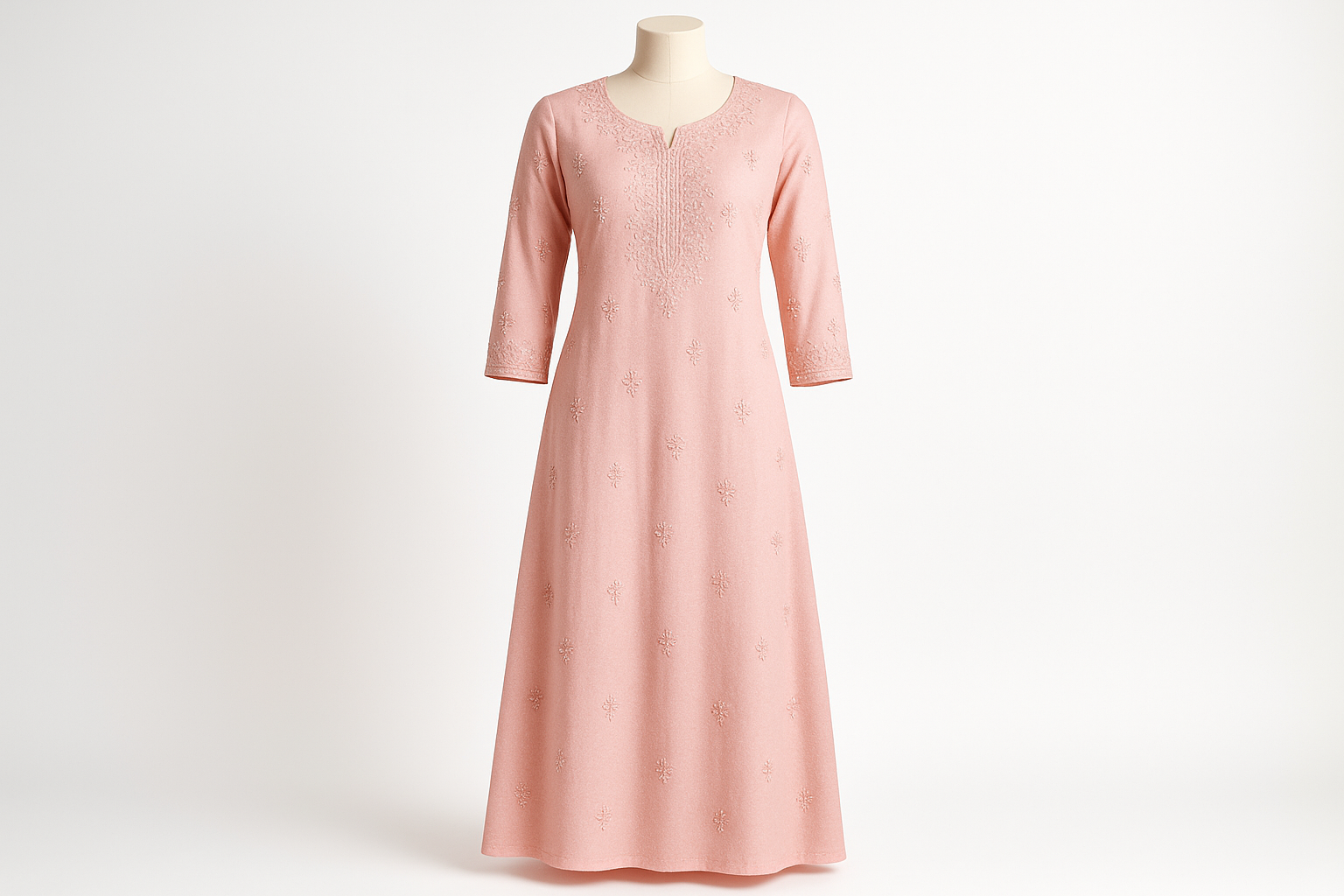 Pastel Pink Thread Work Floor-Length Kurti with Sequins