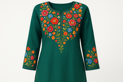 Emerald Green Embroidered Kurti with Multicolor Floral Work