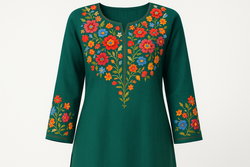 Emerald Green Embroidered Kurti with Multicolor Floral Work