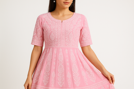 Pink Chikankari Anarkali Kurti