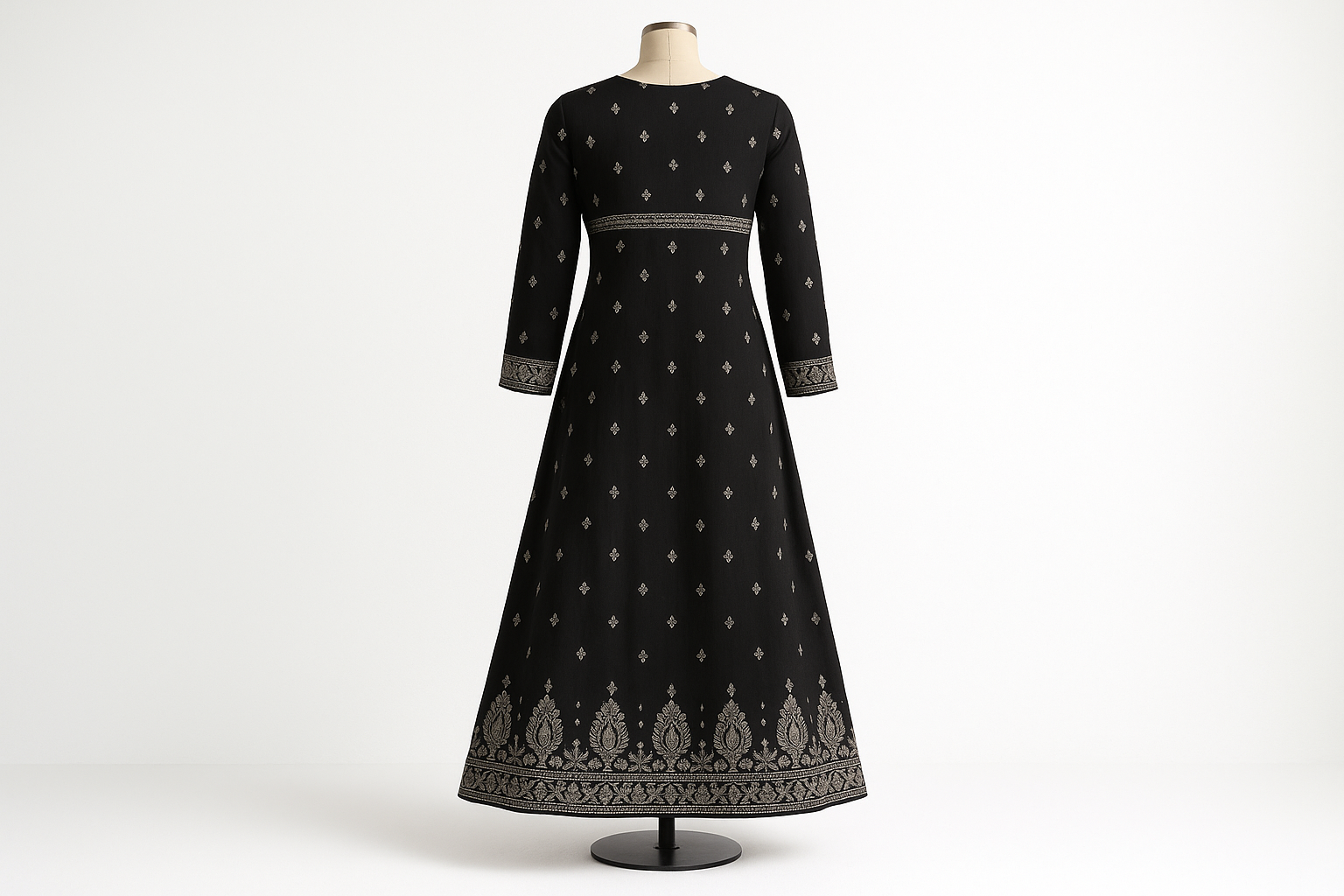 Black Silver Zari Floor-Length Kurti with Geometric Patterns