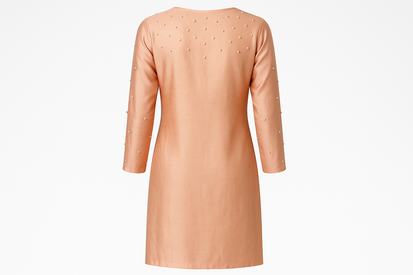 Soft Peach Silk Blend Kurti with Pearl Embellishments