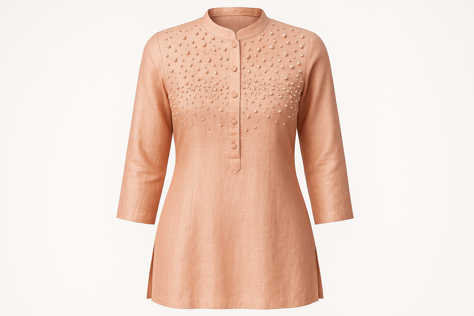Soft Peach Silk Blend Kurti with Pearl Embellishments