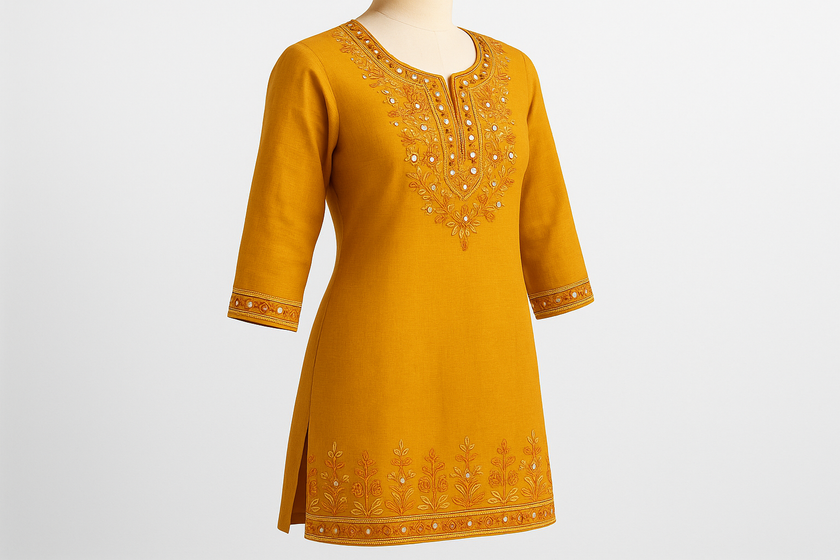 Mustard Yellow Embroidered Kurti with Mirror Work