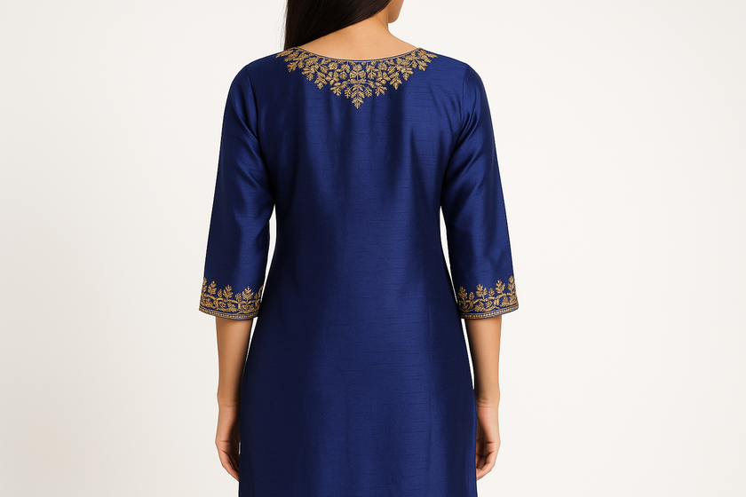 Royal Blue Silk Blend Kurti with Golden Embroidery