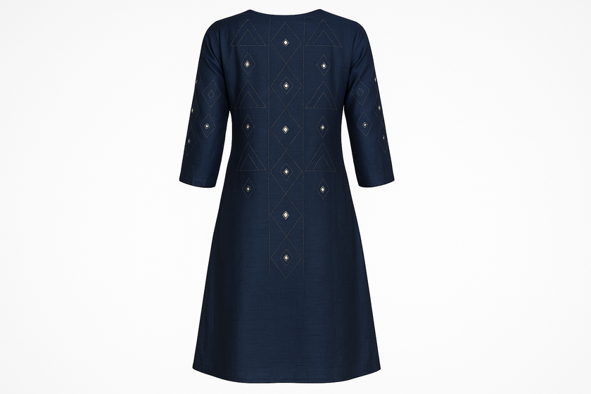 Navy Blue Silk Blend Kurti with Geometric Mirror Work