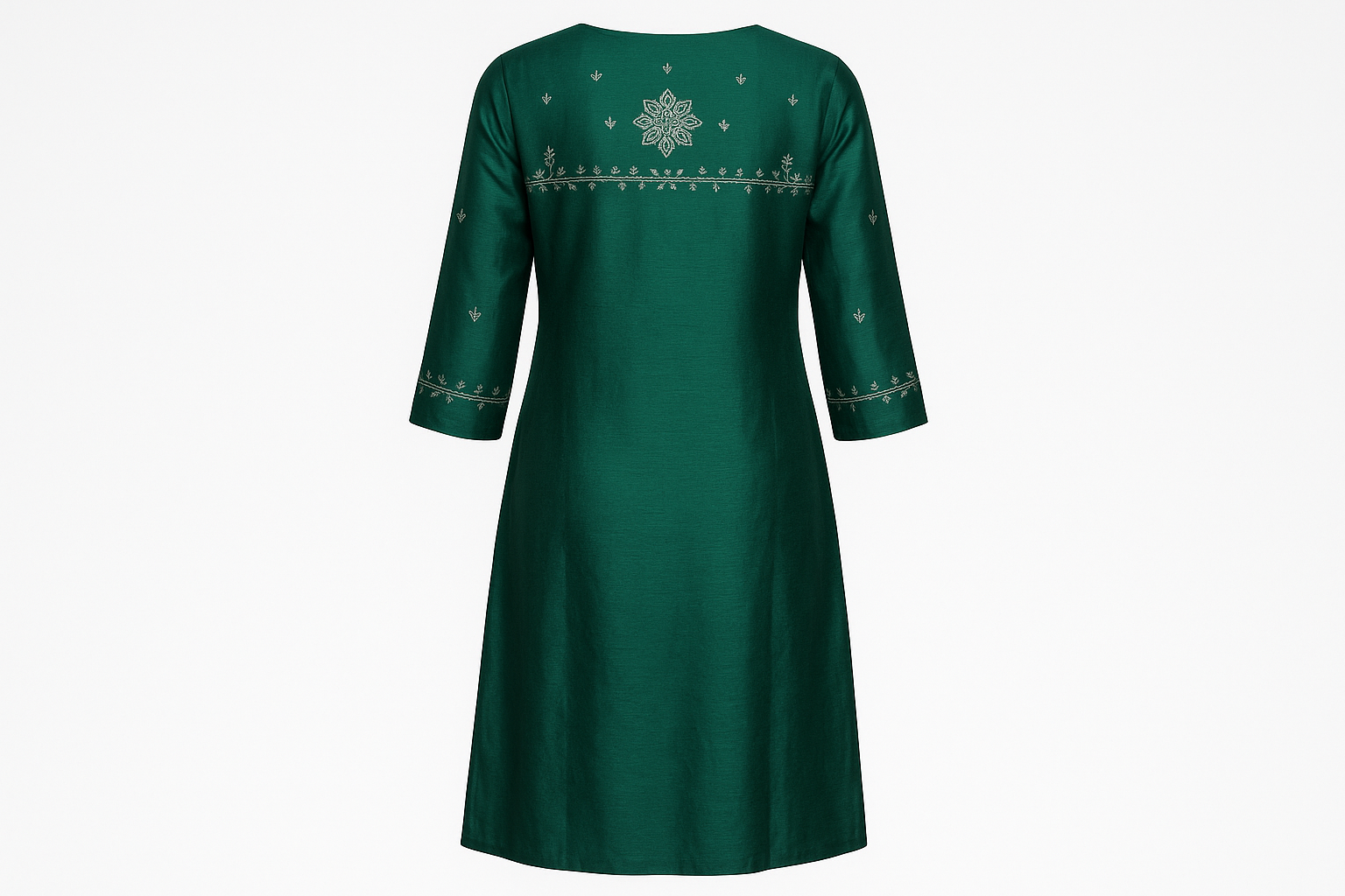Emerald Green Silk Blend Kurti with Silver Thread Work