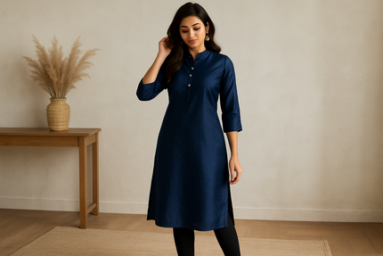 Navy Blue Silk Blend Kurti with Geometric Mirror Work