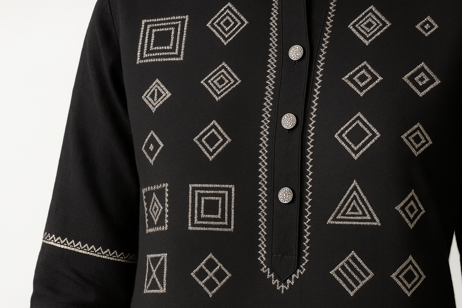 Black Silver Zari Floor-Length Kurti with Geometric Patterns