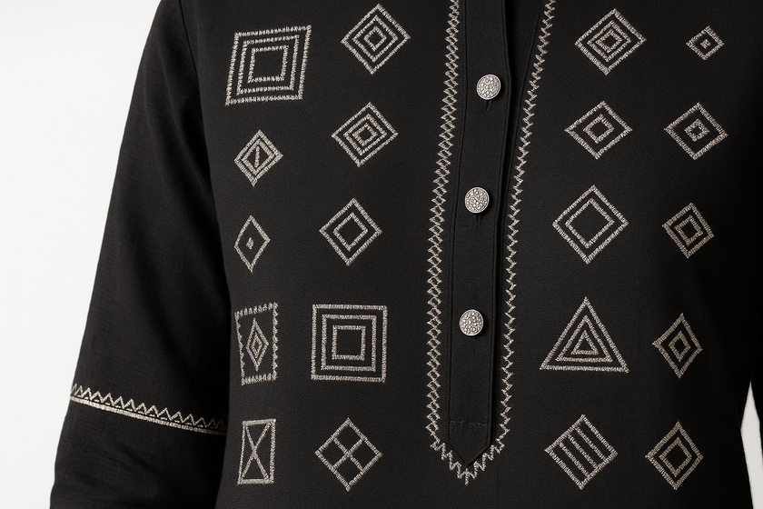 Black Silver Zari Floor-Length Kurti with Geometric Patterns