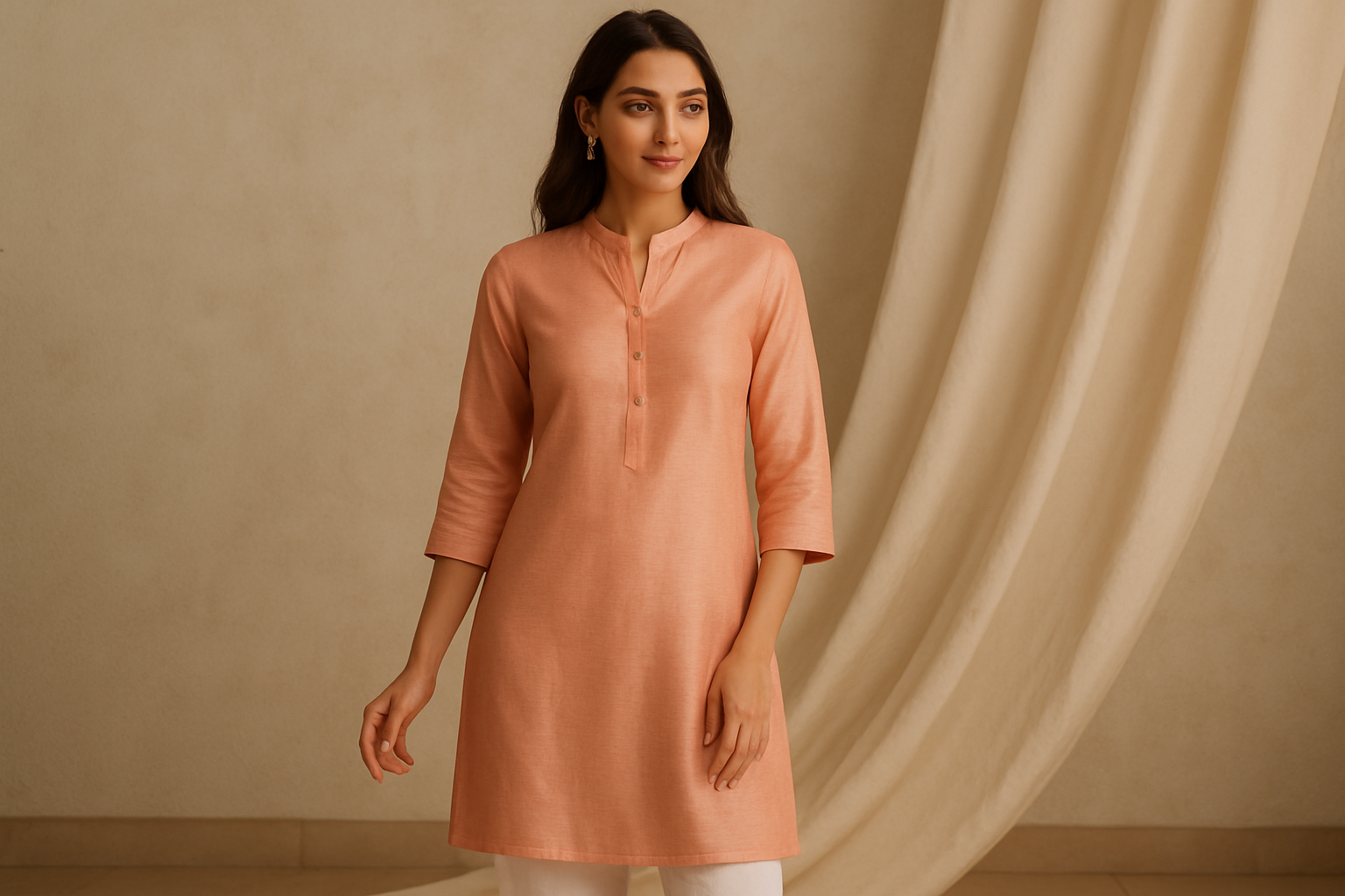 Soft Peach Silk Blend Kurti with Pearl Embellishments