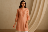 Soft Peach Silk Blend Kurti with Pearl Embellishments