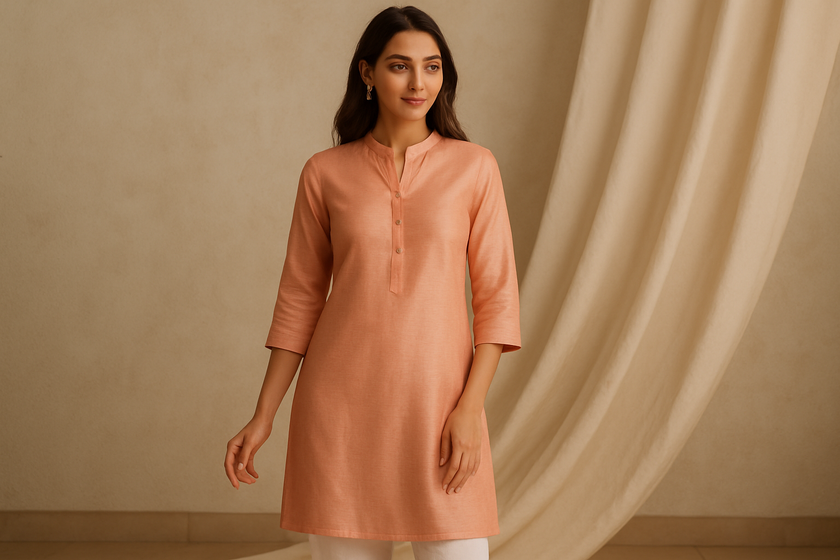 Soft Peach Silk Blend Kurti with Pearl Embellishments