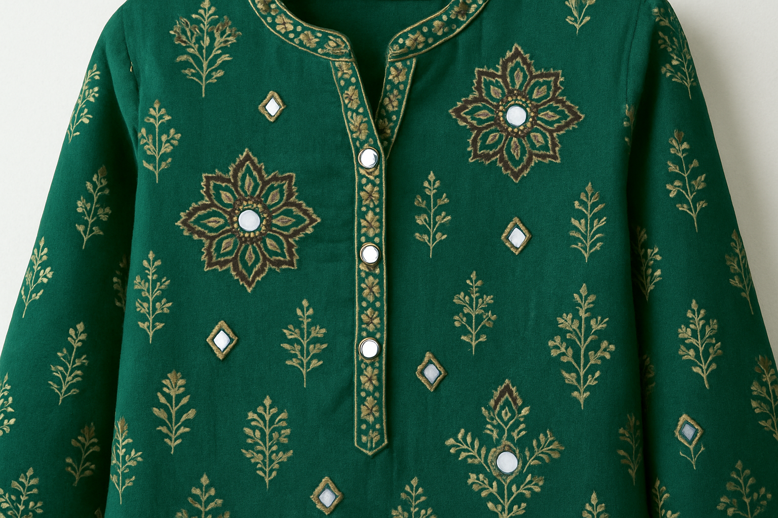 Emerald Green Block Print Floor-Length Kurti with Mirror Work
