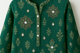 Emerald Green Block Print Floor-Length Kurti with Mirror Work