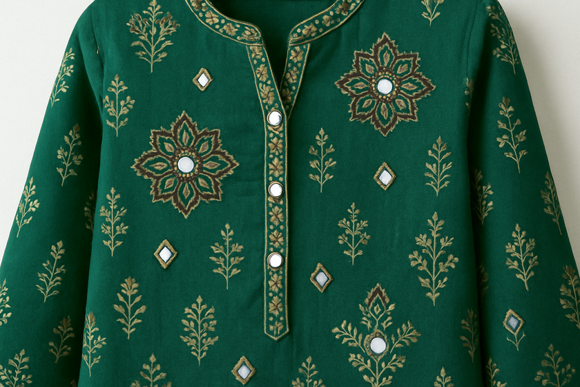 Emerald Green Block Print Floor-Length Kurti with Mirror Work