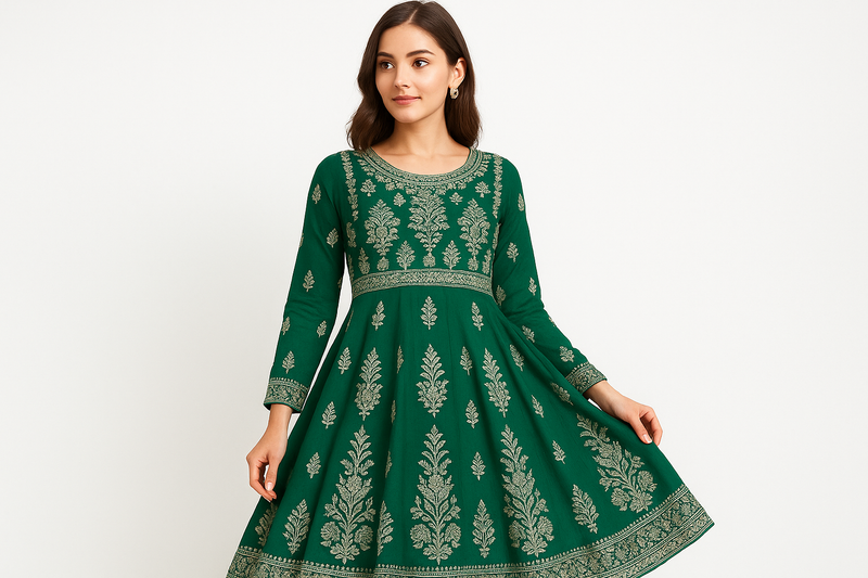 Emerald Green Silver Zari Anarkali Kurti