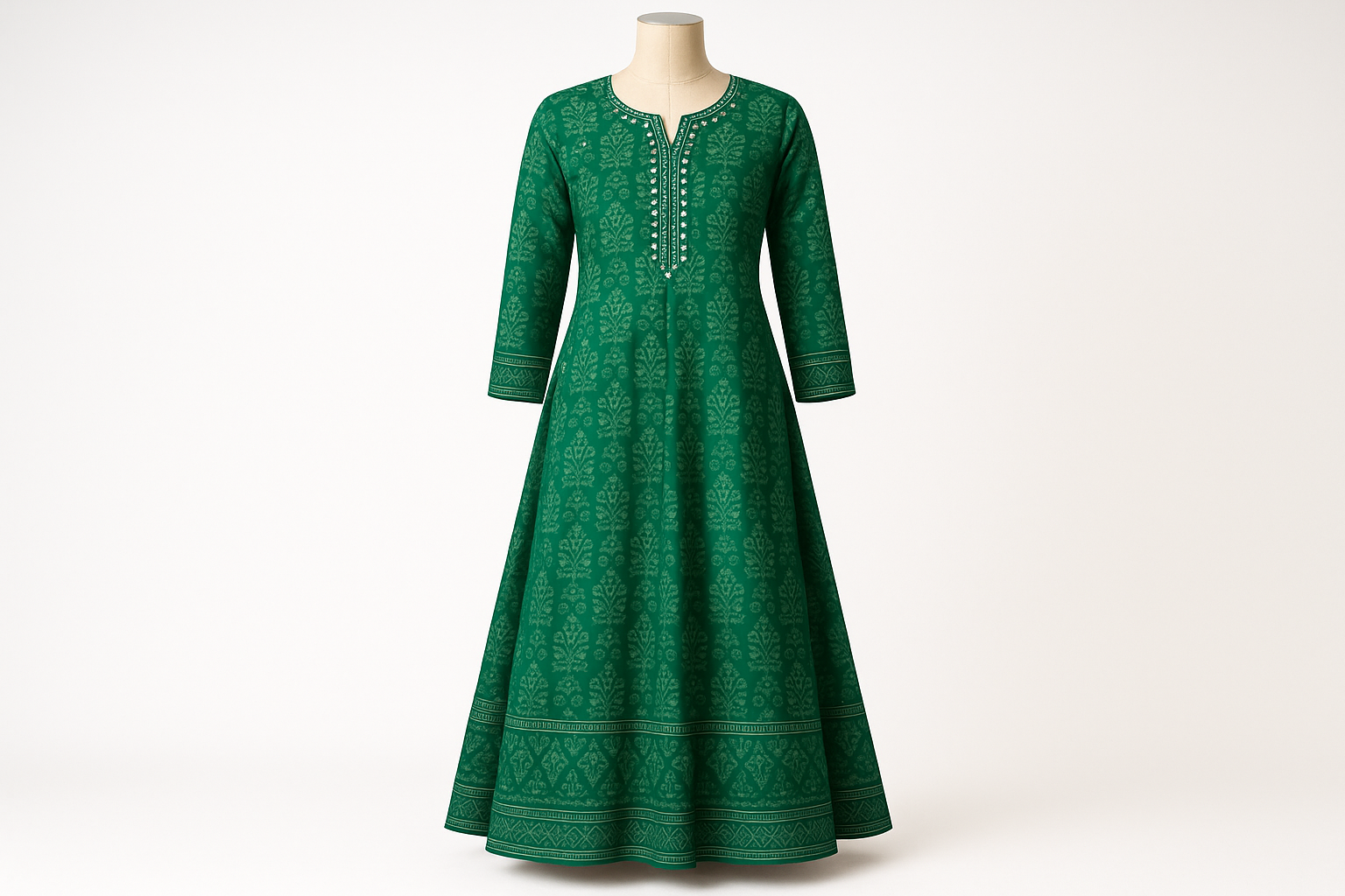 Emerald Green Block Print Floor-Length Kurti with Mirror Work
