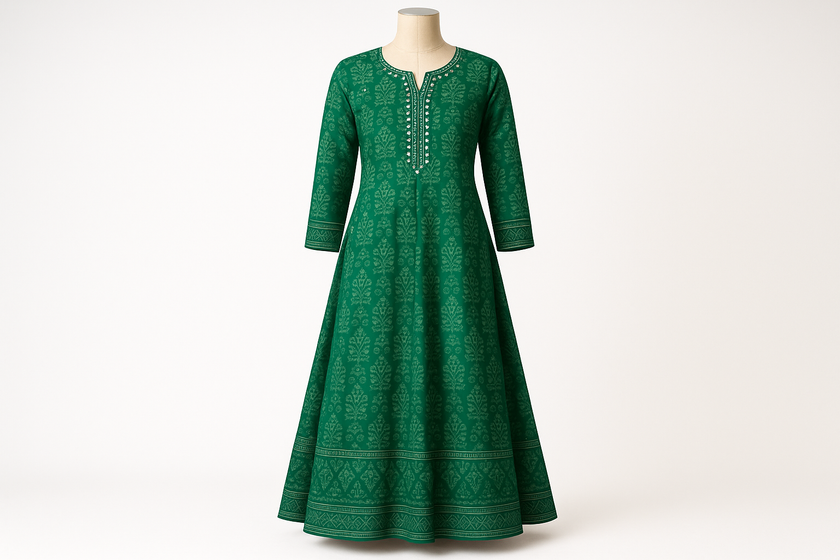 Emerald Green Block Print Floor-Length Kurti with Mirror Work