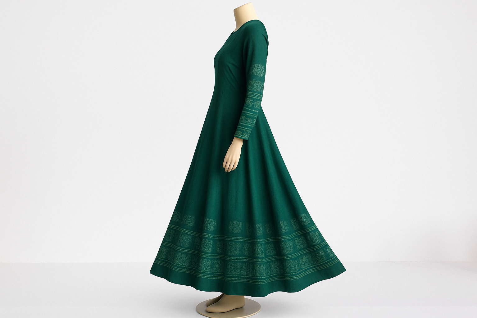 Emerald Green Block Print Floor-Length Kurti with Mirror Work