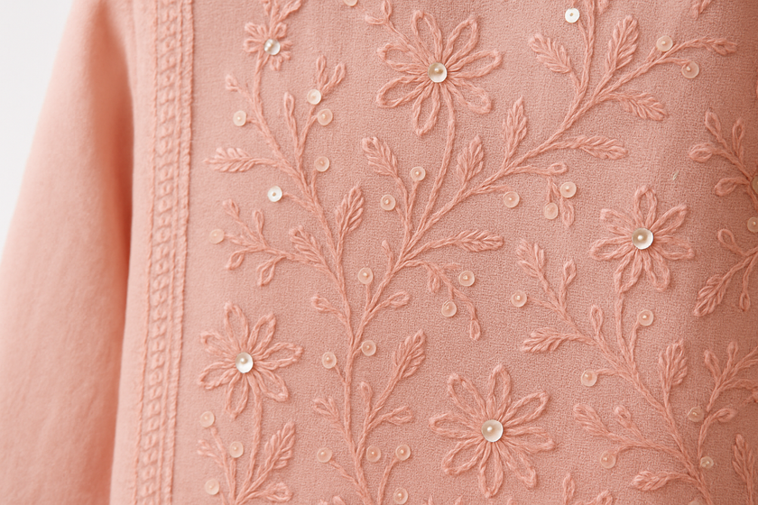 Pastel Pink Thread Work Floor-Length Kurti with Sequins