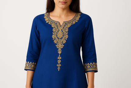 Royal Blue Embroidered Kurti with Golden Thread Work
