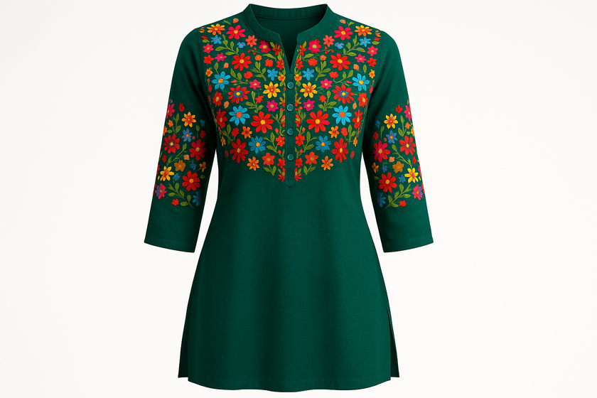 Emerald Green Embroidered Kurti with Multicolor Floral Work