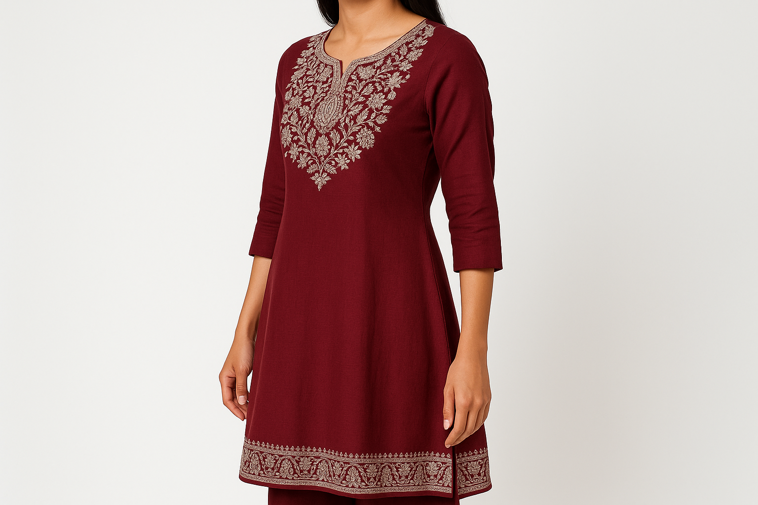 Deep Maroon Embroidered Kurti with Silver Zari Work