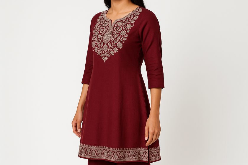 Deep Maroon Embroidered Kurti with Silver Zari Work