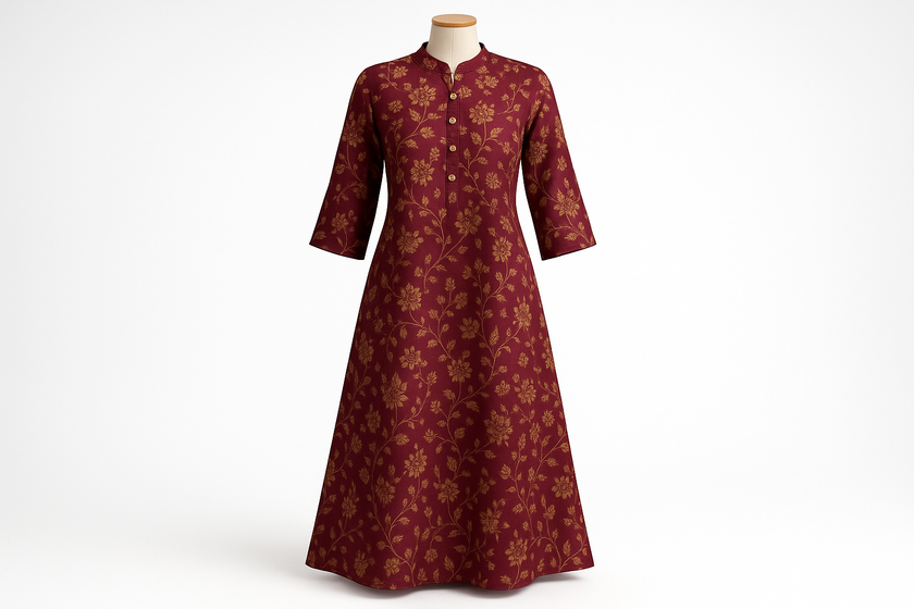 Maroon Floral Print Floor-Length Kurti