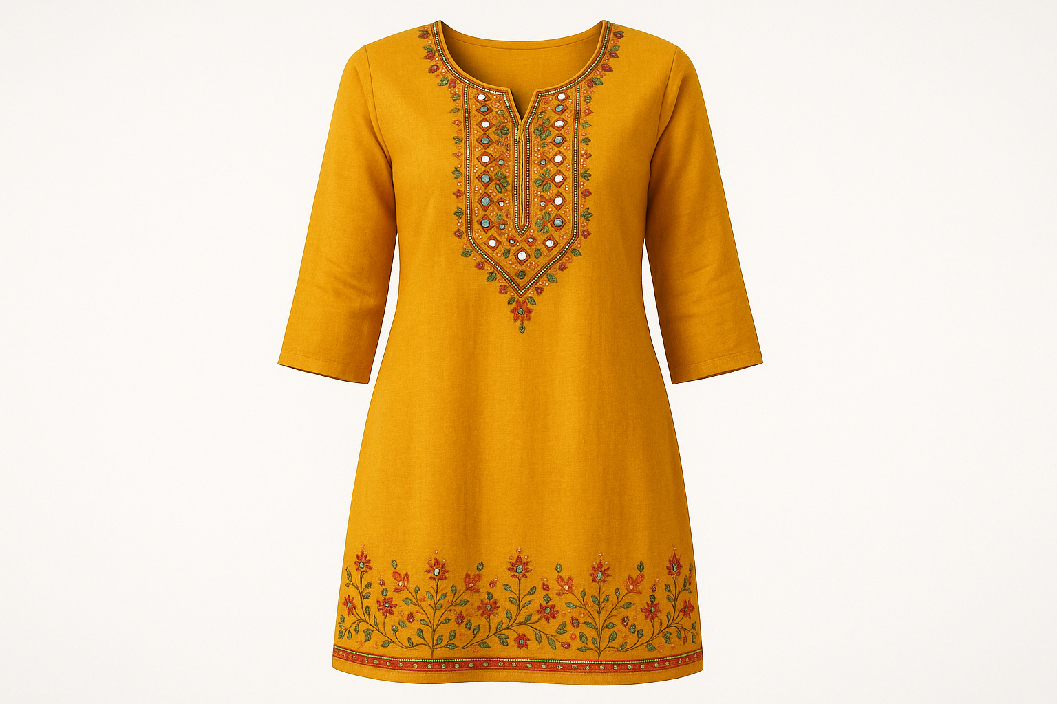 Mustard Yellow Embroidered Kurti with Mirror Work
