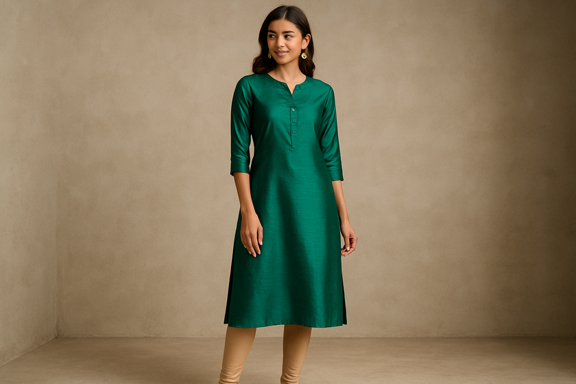 Emerald Green Silk Blend Kurti with Silver Thread Work