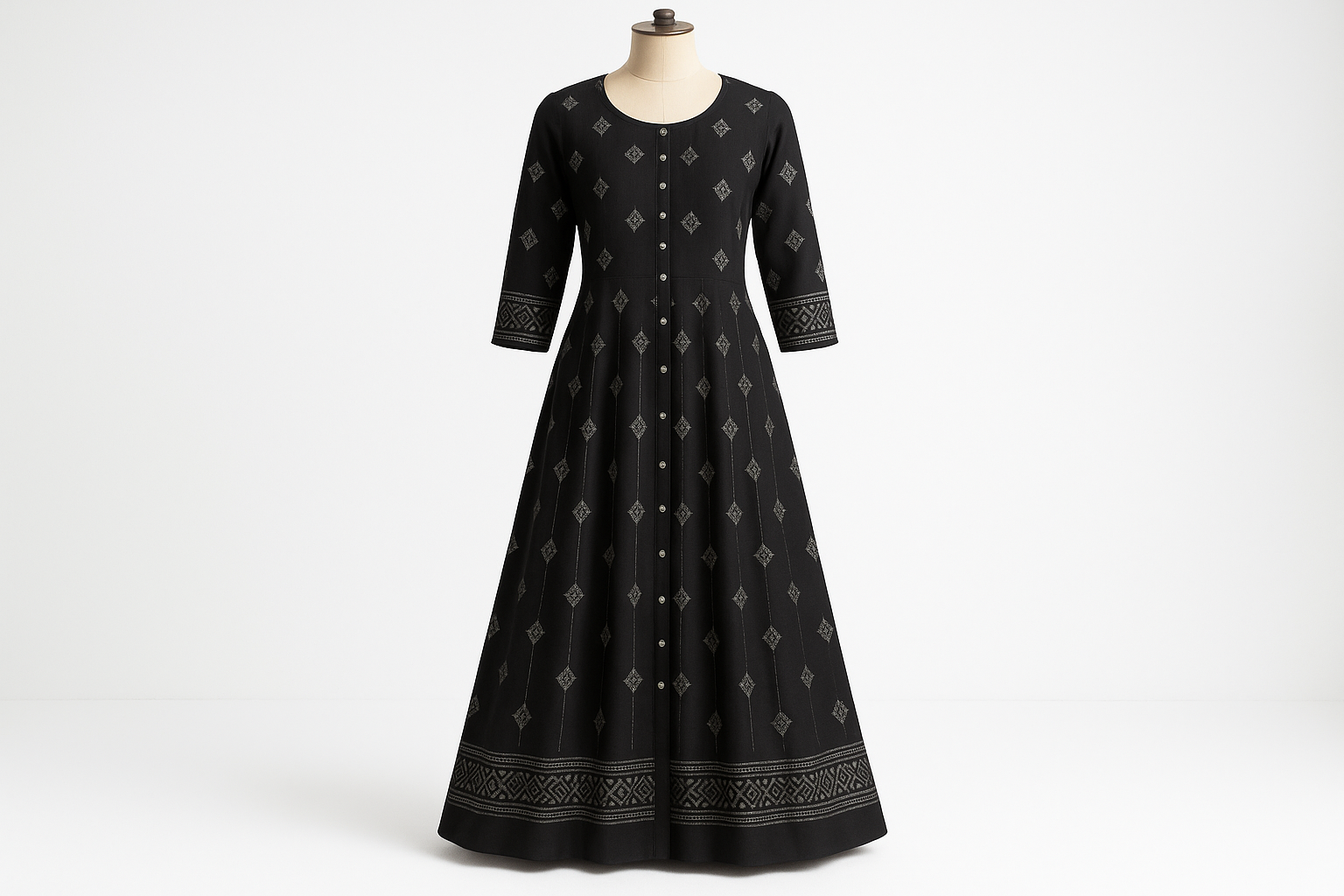 Black Silver Zari Floor-Length Kurti with Geometric Patterns