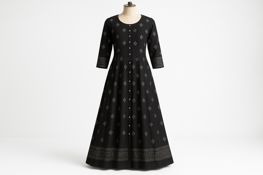 Black Silver Zari Floor-Length Kurti with Geometric Patterns