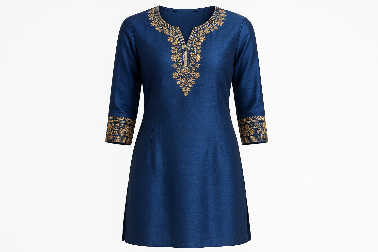 Royal Blue Silk Blend Kurti with Golden Embroidery