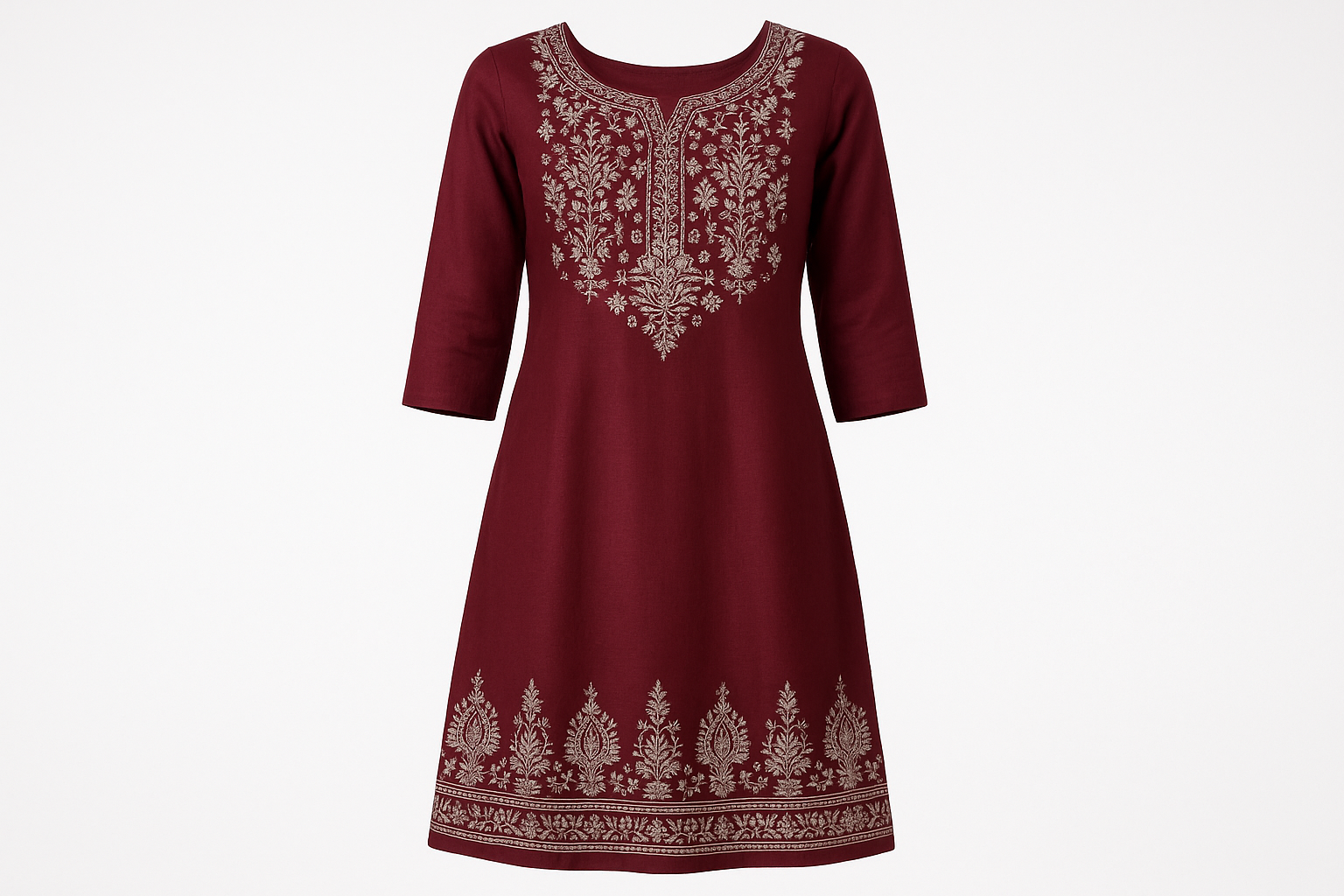 Deep Maroon Embroidered Kurti with Silver Zari Work