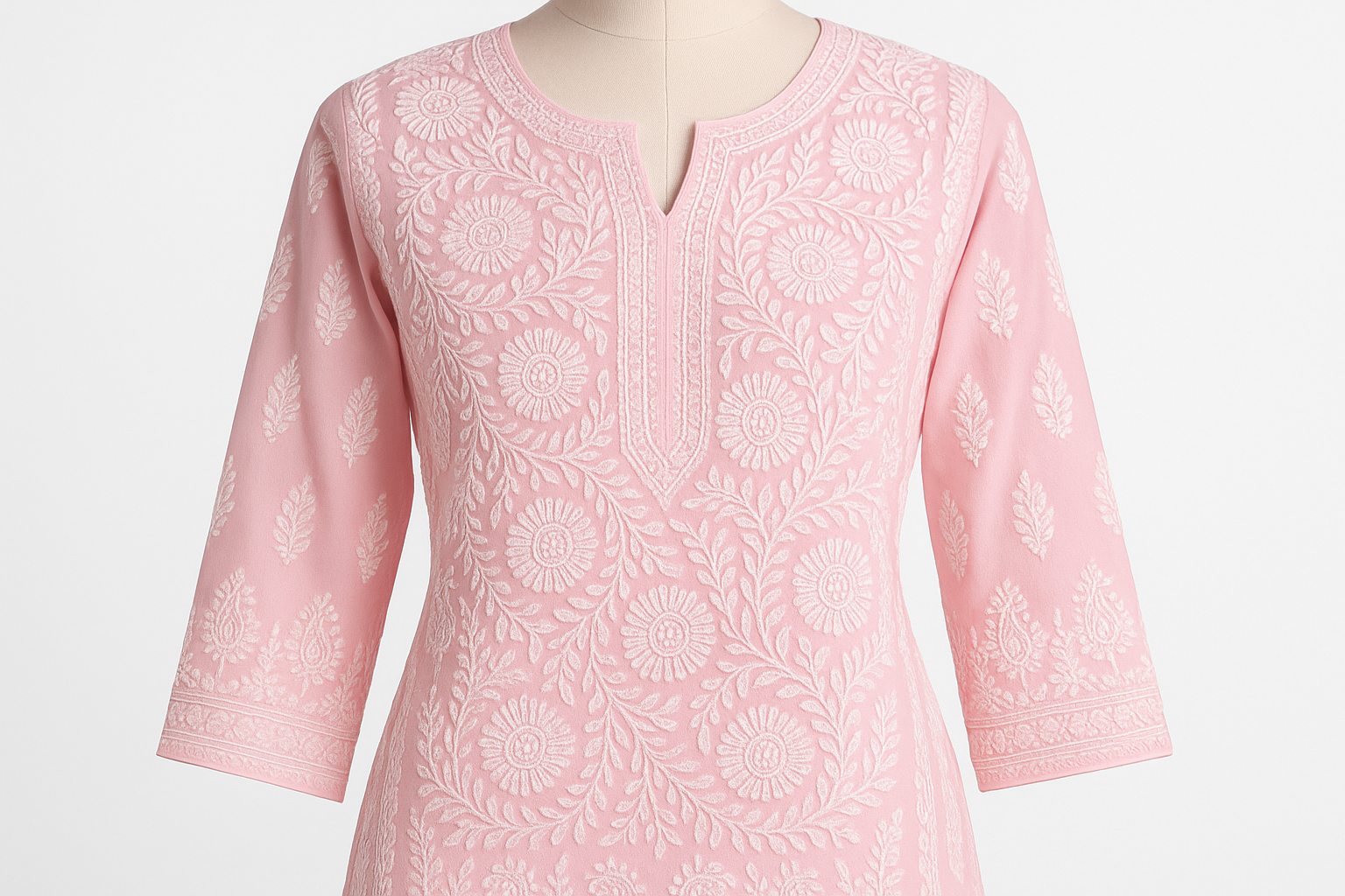 Soft Pink Chikankari Embroidered Kurti - Traditional Lucknowi Work