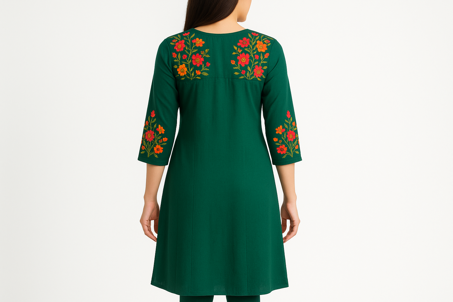 Emerald Green Embroidered Kurti with Multicolor Floral Work