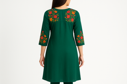 Emerald Green Embroidered Kurti with Multicolor Floral Work
