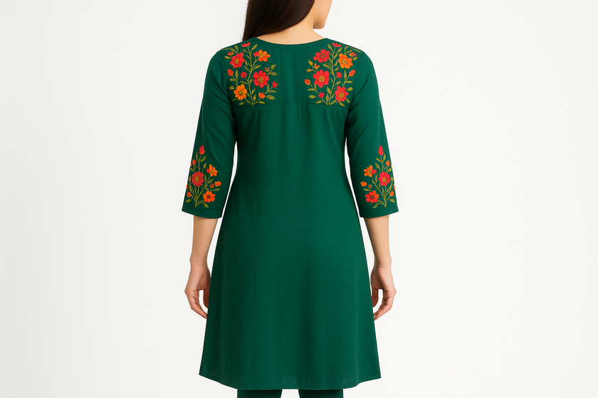 Emerald Green Embroidered Kurti with Multicolor Floral Work