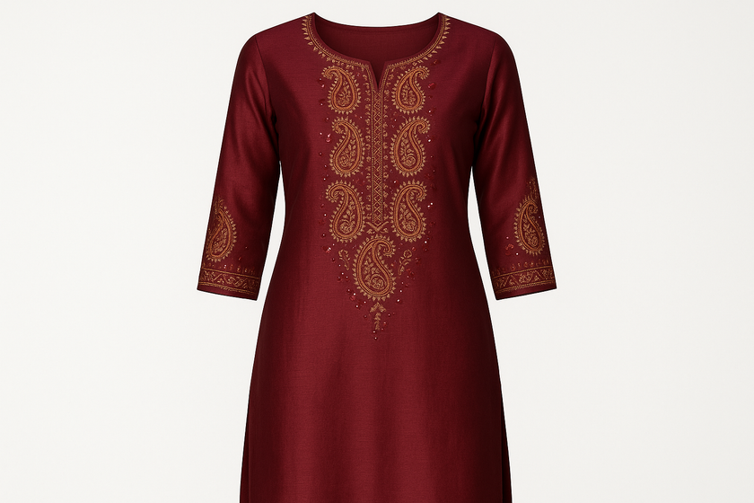 Deep Maroon Silk Blend Kurti with Paisley Embroidery