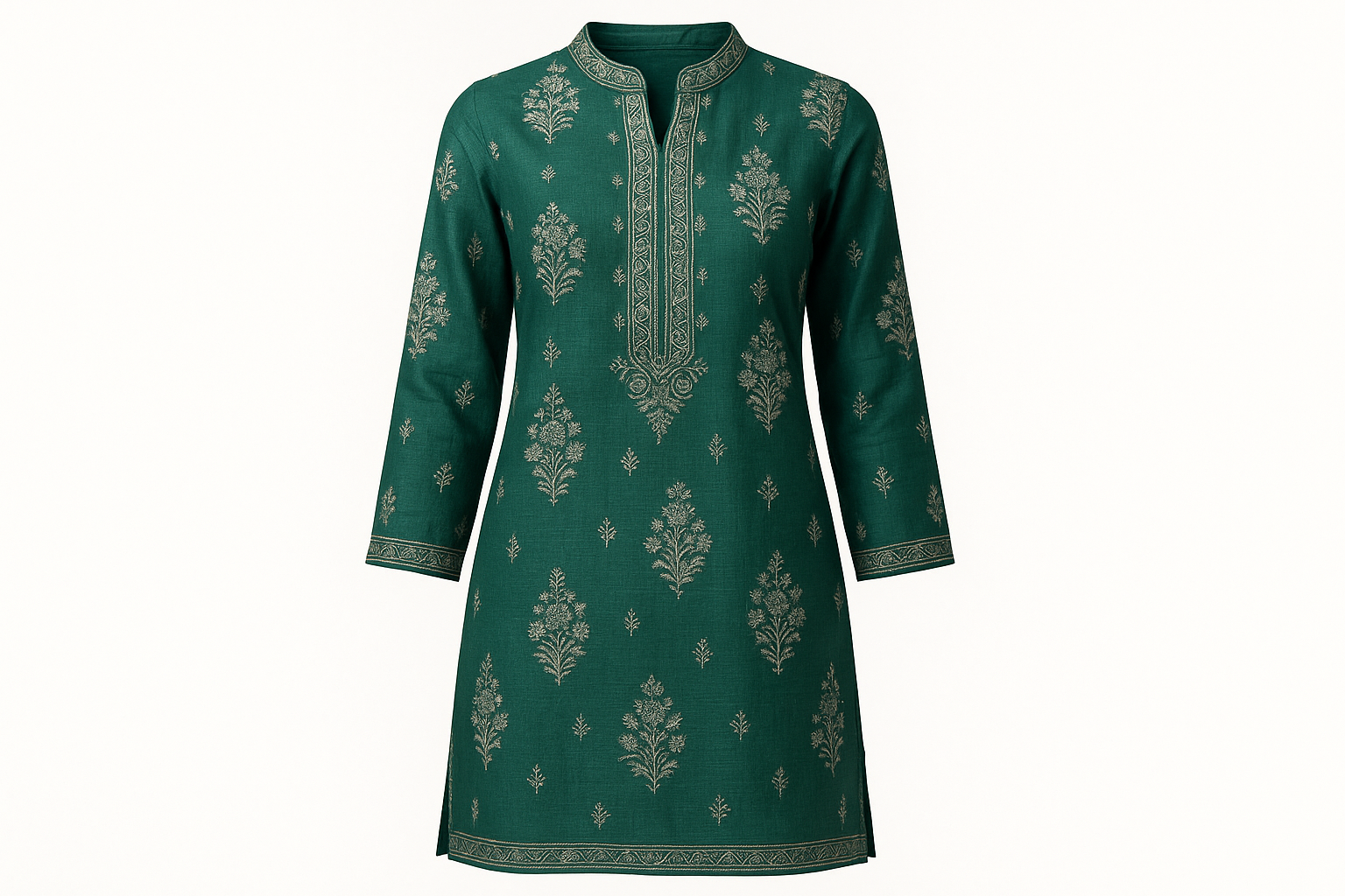 Emerald Green Silk Blend Kurti with Silver Thread Work