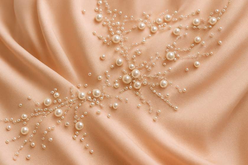 Soft Peach Silk Blend Kurti with Pearl Embellishments