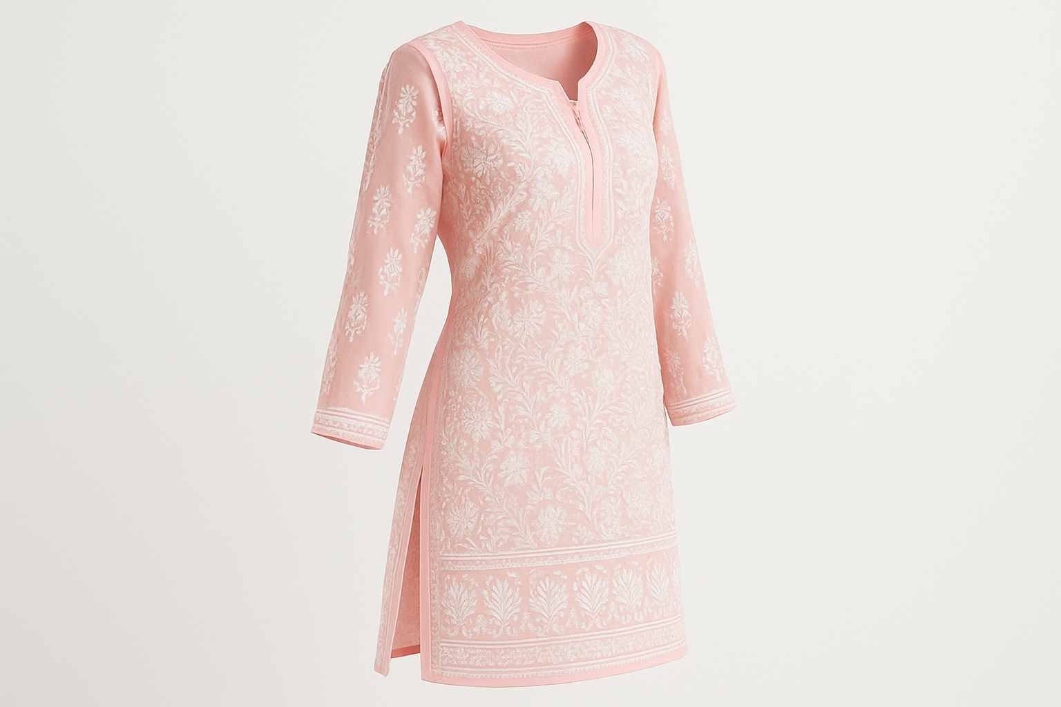 Soft Pink Chikankari Embroidered Kurti - Traditional Lucknowi Work