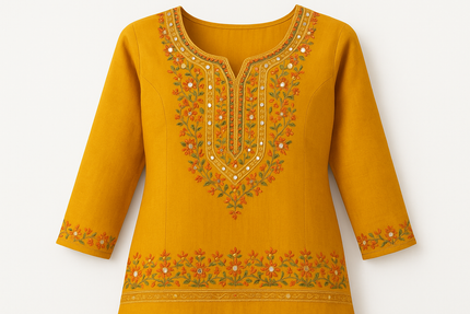 Mustard Yellow Embroidered Kurti with Mirror Work